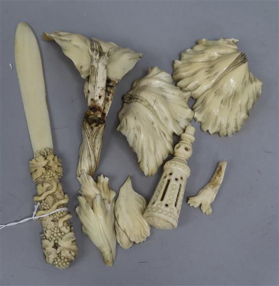 A Dieppe ivory paperknife, an ex-apple corer and an iris posy (a.f)